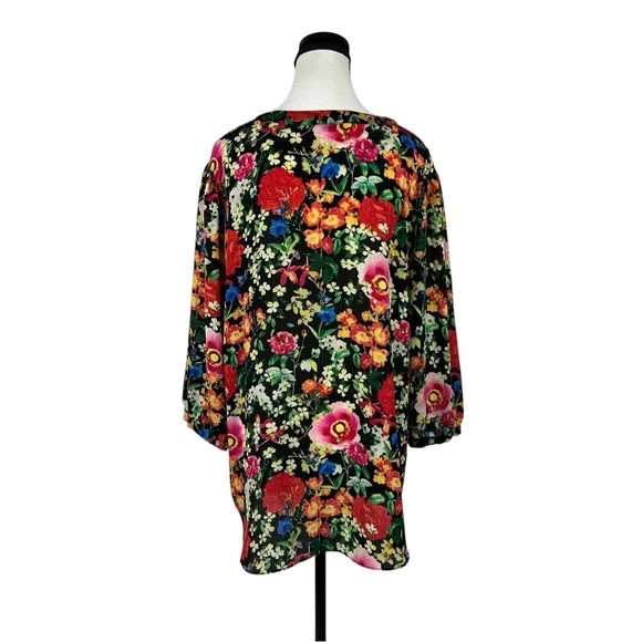 Rose + Olive Floral Blouse Women’s L Black Boho Tunic Top Pintuck Long Sleeve - Picture 5 of 11